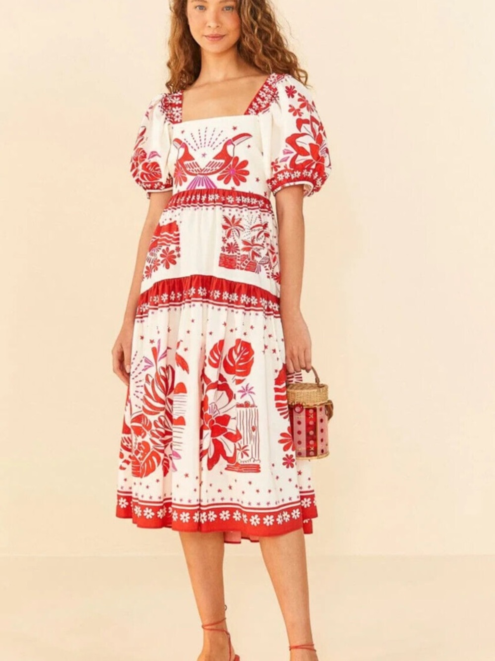 Farm Rio Red and White Floral Puff-Sleeve Midi Dress